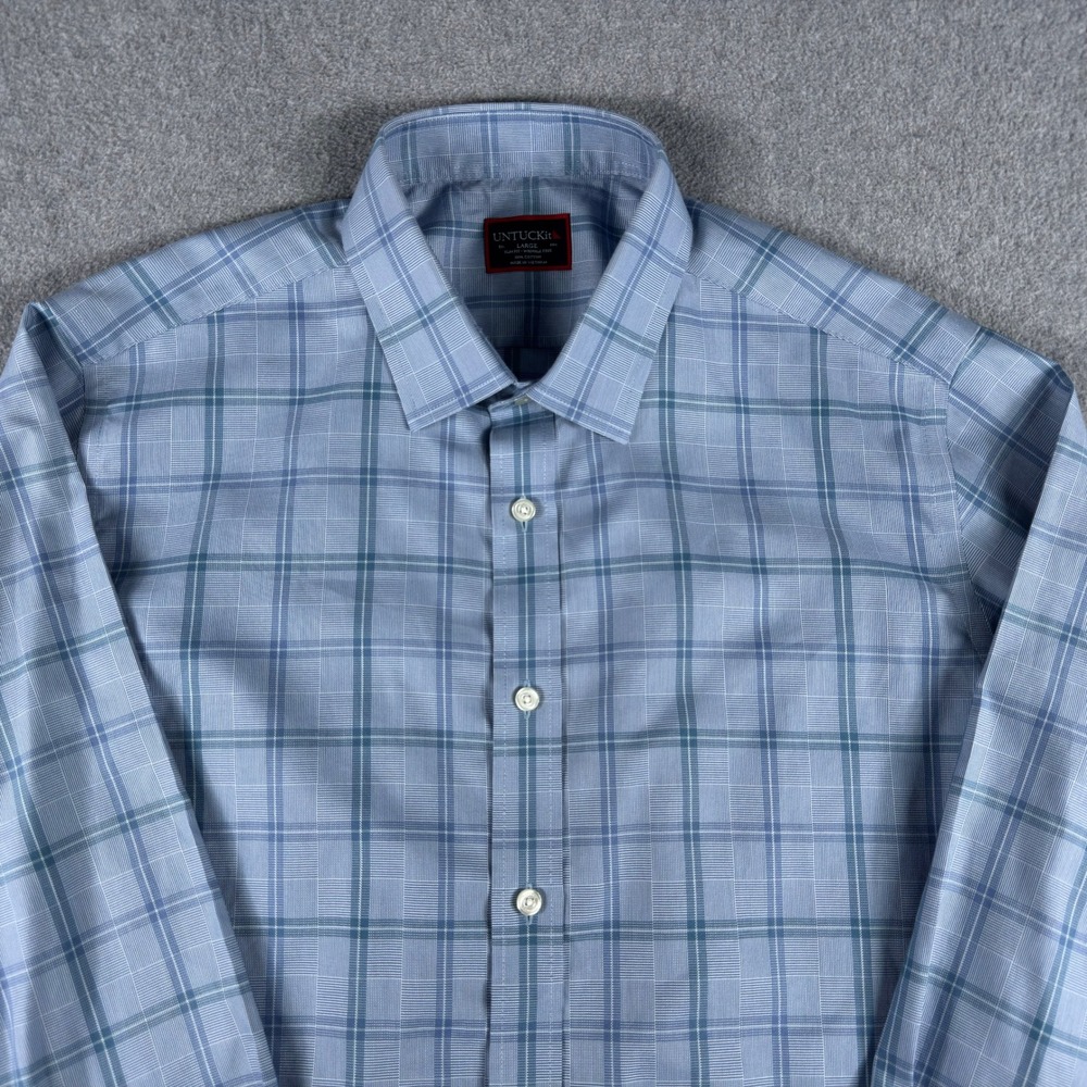 UNTUCKit Slim Fit Wrinkle Free Shirt Mens L Blue Plaid Cotton Button Up